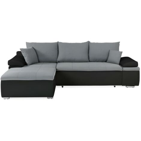 Canapé d'angle réversible convertible 3 places+Coffre - Simili noir et tissu gris - L 274 x P 184 cm - CELINA - Fabriqué en U (1/5)