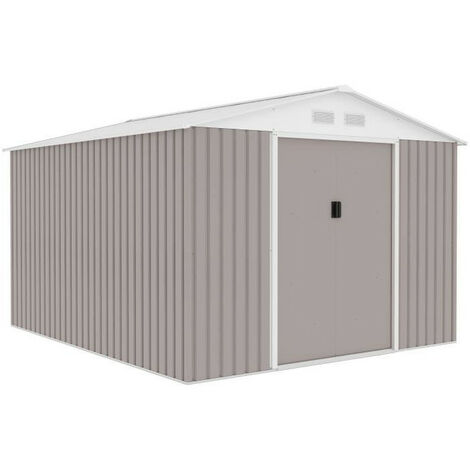 Abri de jardin métal 8,84 m² – Acier galvanisé taupe – Dimensions extérieures 267 x 309 cm – Deux portes coulissantes sécurisées (1/5)