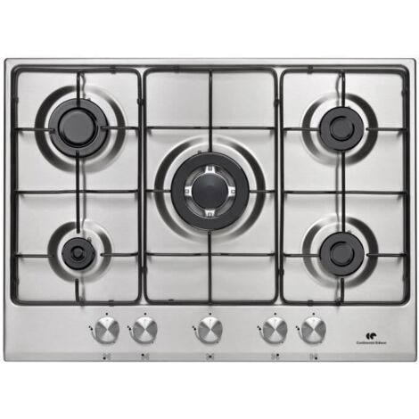 Continental Edison – Table de cuisson gaz 5 foyers inox – 1 triple couronne 3600W – Allumage automatique – Dimensions 70x51,5cm – Puissance 11000W (1/4)