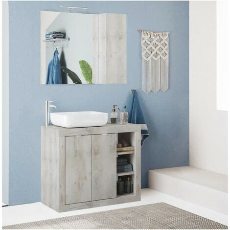 ROME Ensemble Meuble salle de bain L 92 + vasque + 2 Portes + 3 niches - Coloris chene Pin Clair (1/5)
