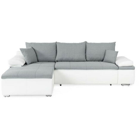 Canapé d'angle réversible convertible 3 places – Simili blanc et tissu gris – Coffre sous l'assise – Couchage 149 x 190 cm – L 274 x P 184 cm (1/5)