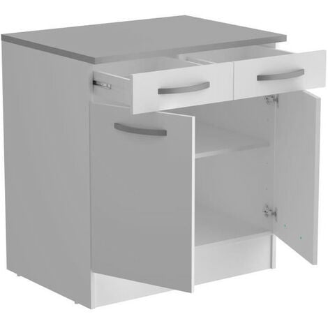 OSLO Meuble Bas 2 portes + 2 tiroirs + plan - Blanc - L 80 x P 60 x H 86 cm