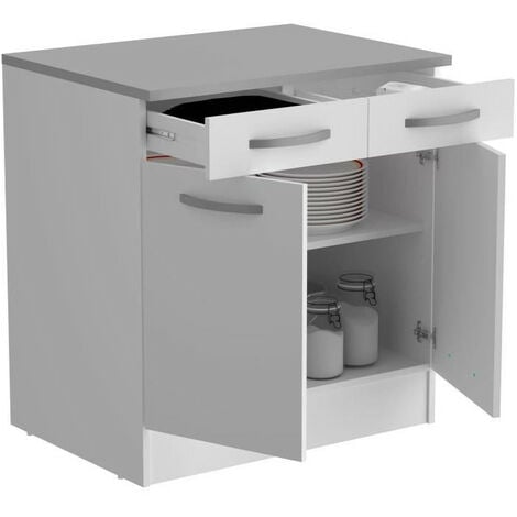 OSLO Meuble Bas 2 portes + 2 tiroirs + plan - Blanc - L 80 x P 60 x H 86 cm