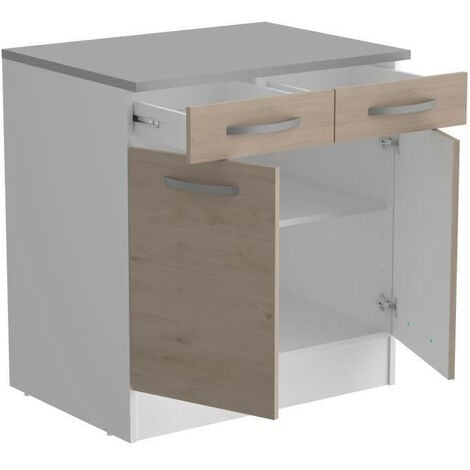OSLO Meuble Bas 2 portes 2 tiroirs + plan - Décor Chene Jackson - L 80 x P 60 x H 86 cm