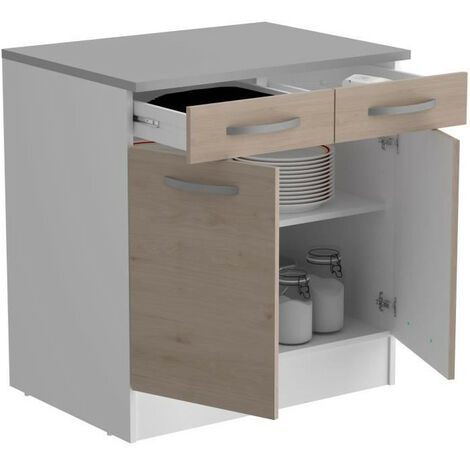 OSLO Meuble Bas 2 portes 2 tiroirs + plan - Décor Chene Jackson - L 80 x P 60 x H 86 cm