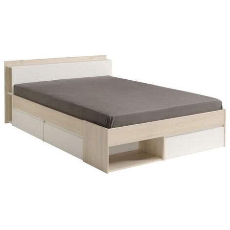 M&S – Lit adulte avec tiroirs 140x190/200 cm – Panneaux bois acacia et blanc – 3 tiroirs – Tête de lit avec niches (1/10)