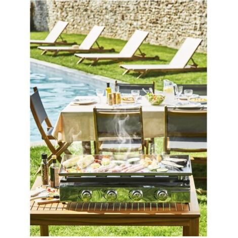 Plancha Gaz 2 Feux Alicia II INOX - Surface 52x34 Cm, 5 KW - Tiroir à Graisse, Allumage Piézo - Pour 8 Personnes
