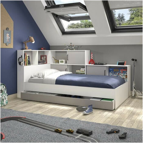 Calicosy – Lit enfant avec rangements – Décor blanc et gris – 90 x 200 cm – Structure en panneaux de particules – Montage réversible (1/10)