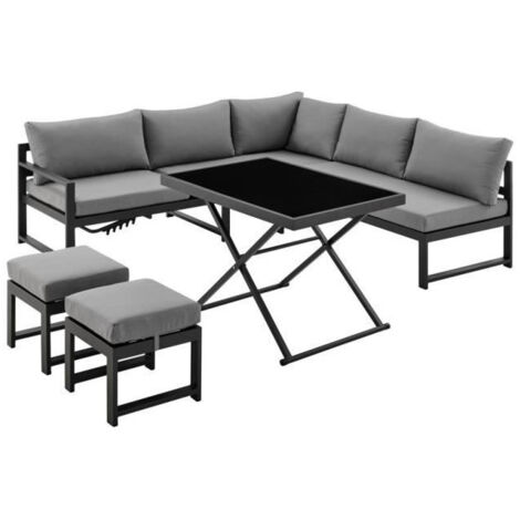 Les Tendances – Salon de jardin en aluminium avec coussins – 7 places – Table basse réglable en hauteur – Verre trempé – Gris (1/5)