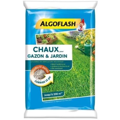 Chaux pour gazon 10 kg – Amendement minéral certifié bio – Réduit l'acidité du sol – Couvre jusqu'à 200 m² – Algoflash