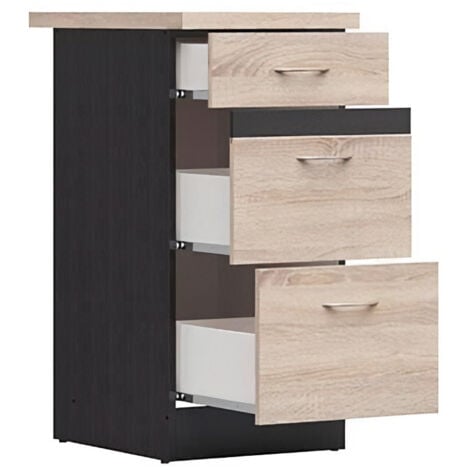 JUNONA Meuble bas de cuisine 40 cm - 3 tiroirs - Plan de travail - Chene sonoma