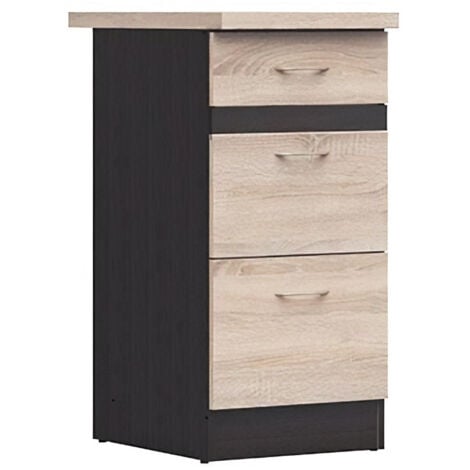 JUNONA Meuble bas de cuisine 40 cm - 3 tiroirs - Plan de travail - Chene sonoma