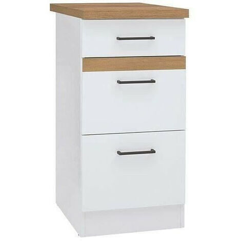 Meuble bas de cuisine 40 cm – 3 tiroirs – Plan de travail chêne artisanal doré – Blanc brillant – L 40 x H 86 x P 60 (1/6)