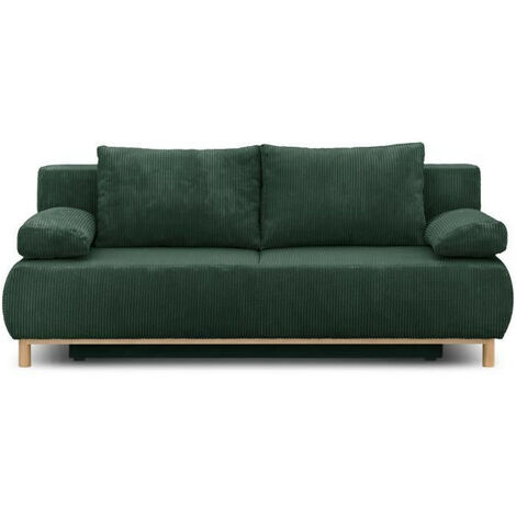 Banquette convertible 3 places MIKA - Velours côtelé Vert foret - Coffre de rangement - L 192 x H 84 x P 93 cm
