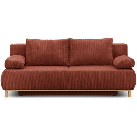 Canapé convertible 3 places – Velours côtelé terracotta – Coffre de rangement – L 192 x H 84 x P 93 cm – Couchage 140 x 190 cm (1/6)