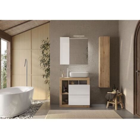Ensemble meuble salle de bain 79cm simple vasque – Colonne avec 1 porte – Coloris chêne clair et laqué blanc – Dimensions L79 x P49 x H79 cm (1/5)
