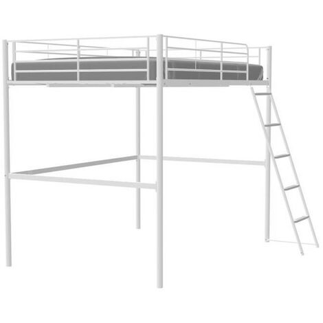 Lit mezzanine 140 x 190 cm – Métal époxy blanc – Sommier à lattes inclus – Style industriel pour gain de place (1/6)