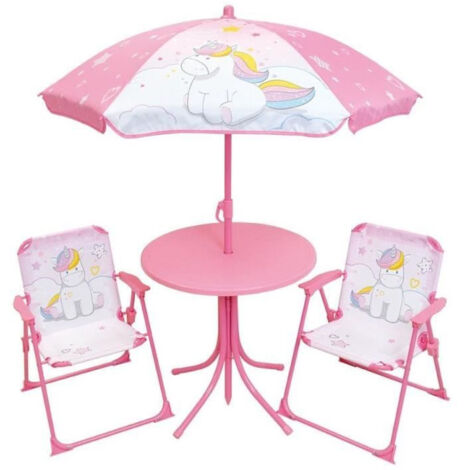 Mobilier de jardin - FUN HOUSE - Salon de jardin Licorne : Table H.46 x 46 cm, 2 chaises pliantes, parasol H.125 x100 cm (1/2)