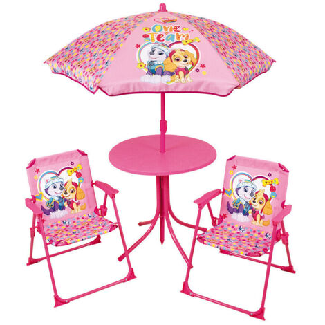 Salon de jardin FUN HOUSE PAT'PATROUILLE - 1 table 46xø46 cm, 2 chaises H.53xl.38,5xP.37,5cm et 1 parasol (1/2)