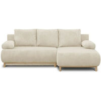 Canapé d'angle droit convertible 3 places – Velours côtelé beige – Coffre de rangement – Couchage 130 x 210 cm – Dimensions L218 x P98/145 x H84 cm