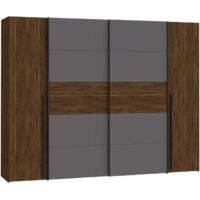 Armoire NARAGO - Décor Noyer Bakersfield et gris - 2 portes coulissantes + 2 portes battantes - L270 x P61 x H210 cm