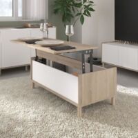 Table basse relevable rectangulaire décor blanc et chêne – Dimensions 100,8 x 43,6 x 50 cm – 4 pieds pour stabilité – Parisot