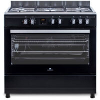 Continental Edison – Cuisinière piano de cuisson CECP9060BDD – 5 foyers gaz – Four catalyse 95L – Affichage digital – L90 x H85 cm – Noir mat