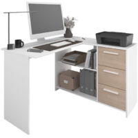 PARISOT Bureau d'angle 3 tiroirs - Décor Blanc / Chene - 121,2 x 74,5 x 111 cm - ESSENTIEL