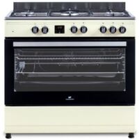 Continental Edison – Cuisinière piano 5 foyers gaz – Four catalyse 95L avec gril intégré – Affichage digital et minuteur – Design crème mate