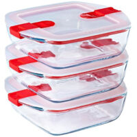 Lot de 3 lunch box - PYREX - Cook & Heat - Verre - Carré - Couvercle a valves vapeur spécial micro-onde - 1 L