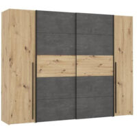 Les Tendances – Armoire 2 portes battantes et 2 portes coulissantes – Chêne artisan et béton gris – L 270,3 x P 61,2 x H 210 cm – 8 tablettes et 2 tringles à habits