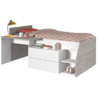 Calicosy – Lit combiné enfant contemporain PARISOT KIM – gris loft et blanc – l 90 x L 190/200 cm – Bureau et rangement intégrés