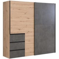 Armoire 2 portes coulissantes 3 tiroirs - Décor chene artisan et béton gris - L 200,1 x P 61,2 x H 200,5 cm - WINN2