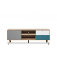CUBA Meuble TV scandinave decor chene, gris, blanc et bleu petrole - L 150 cm