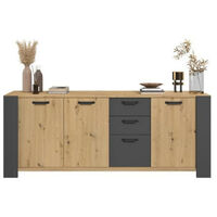Les Tendances – Buffet 3 portes 3 tiroirs en chêne artisan et mélamine gris ombre – Dimensions L 220 x P 52 x H 86.5 cm – Poignées fer antique