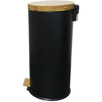 Kitchen Move – Poubelle à pédale 30L en acier inoxydable et bois bambou – Noir mat – Anti-trace de doigts – Facile à nettoyer et à déplacer