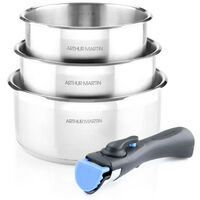 Set de 3 casseroles 16-18-20 cm – Acier inoxydable – Poignée amovible – Intérieur satiné – Tous feux dont induction – Arthur Martin