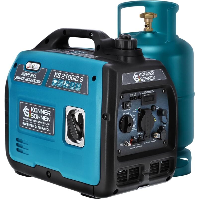 Groupe électrogène inverter à essence Könner & Söhnen KS 2100iG S. Boîtier insonorisé (62dB Lpa 7m). Max. puissance 2000 W, 1x16A (230V), 2 ports USB, affichage LED.