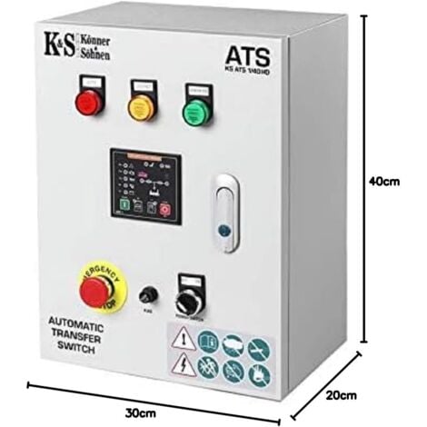 Boitier ATS KS ATS 1/40HD (commutateur de transfert automatique universel) pour 230V, démarre/arrête automatiquement le générateur, puissance 9,2 kW, courant max. 40A, connecteur ATS à 6 broches.