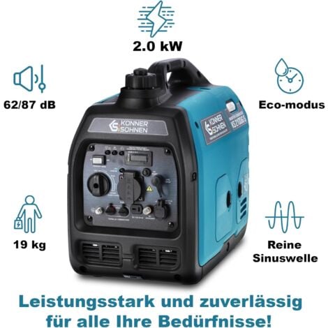 Groupe électrogène inverter à essence Könner & Söhnen KS 2100iG S. Boîtier insonorisé (62dB Lpa 7m). Max. puissance 2000 W, 1x16A (230V), 2 ports USB, affichage LED.
