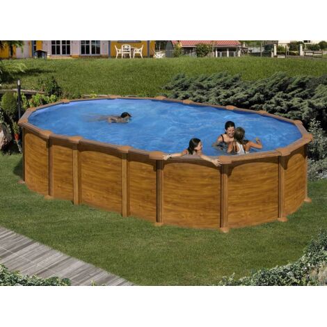 GRE – Piscine hors sol imitation bois 610x375x132 – Paroi en tôle d'acier galvanisé – Filtration 6 m3/h avec vanne 5 voies – Échelle de sécurité incluse