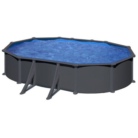 GRE – Piscine hors sol ovale acier 6,34m x 3,99m x H: 1,32m – Gris anthracite – Filtration à sable 6m³/h – Volume 21m³