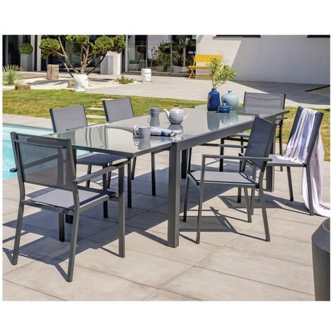 Table aluminium Tolede - Dimensions table: 200/300 x 100 cm avec 8 chaises et 2 fauteuils
