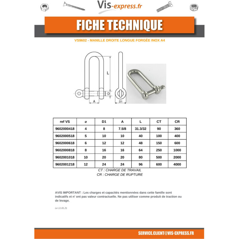 Manille Droite Forgée Axe IMP Inox A4 Diamètre 12 Conditionnement: 1 pièce