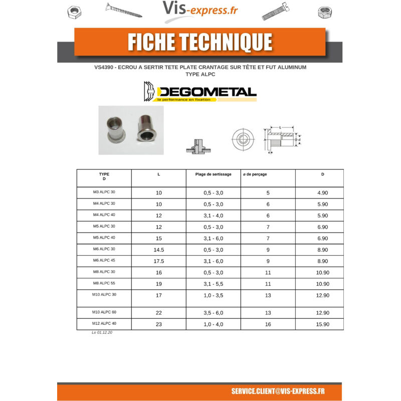 Écrou à sertir Tête fraisée TF M10X20.5 ALF 60 Aluminium