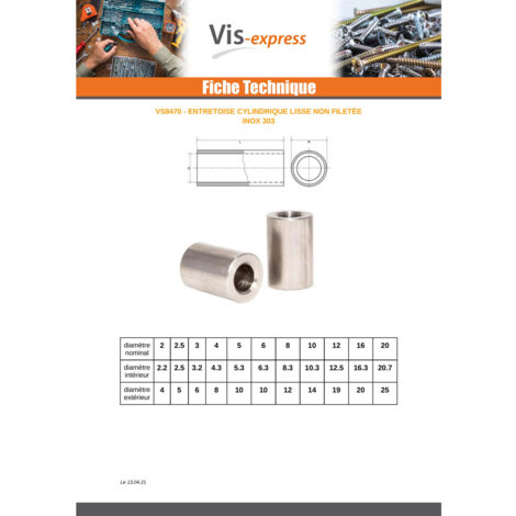 Entretoise Cylindrique Lisse 8X15 Diamètre Intérieur 4 Inox-100 pièces
