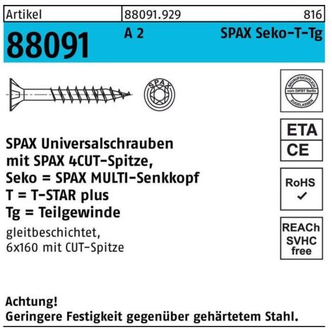 Spax Vis acier inoxydable, 6 x 90 mm, 100 unités, Filetage partiel, Tête fraisée, T-STAR plus T30, 4CUT, Acier inoxydable inoxydable A2 - 0197000600903