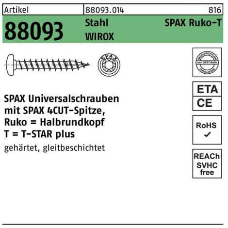 SPAX Vis universelle, 6 x 40 mm, 200 unités, Tête centrante, Tête ronde, T-STAR plus T30, 4CUT, WIROX - 0201010600403 (1/6)