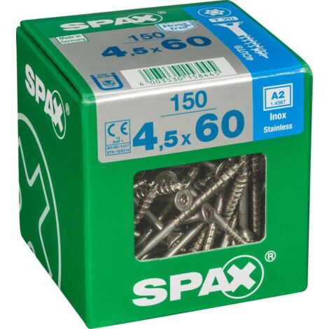 Spax Vis acier inoxydable, 4,5 x 60 mm, 150 unités, Filetage partiel, Tête fraisée, T-STAR plus T20, 4CUT, Acier inoxydable inoxydable A2 - 4197000450606