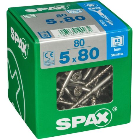 Spax Vis acier inoxydable, 5 x 80 mm, 80 unités, Filetage partiel, Tête fraisée, T-STAR plus T20, 4CUT, Acier inoxydable inoxydable A2 - 4197000500806 (1/5)